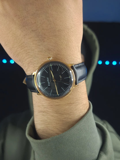 FONTOR black leather bracelet gold case