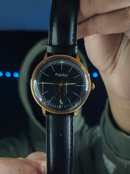 FONTOR black leather bracelet gold case
