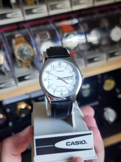 Casio leather mtp v006l white dial