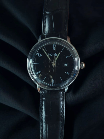 FONTOR black leather bracelet silver case