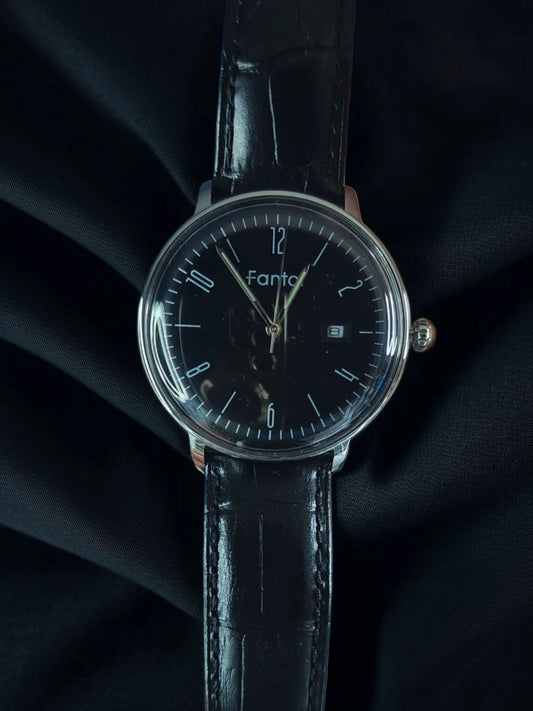 FONTOR black leather bracelet silver case