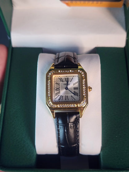 ORSGA women black leather gold bezel