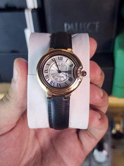 ORSGA women round black leather bronze bezel