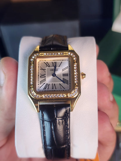 ORSGA women black leather gold bezel
