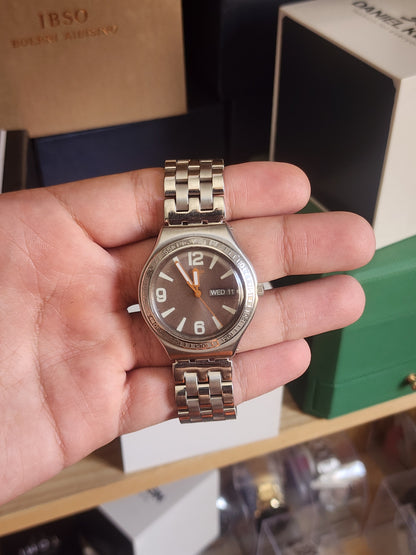 Swatch irony brown dial orange touch