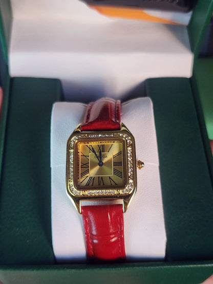 ORSGA women red leather gold dial