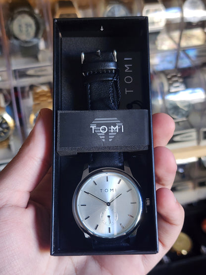 TOMI original black leather silver case