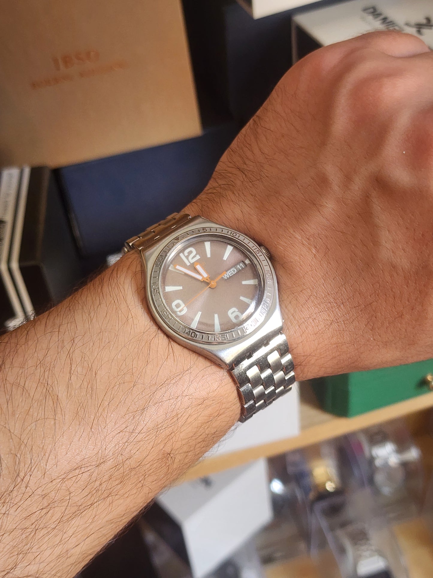 Swatch irony brown dial orange touch
