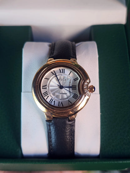 ORSGA women round black leather bronze bezel