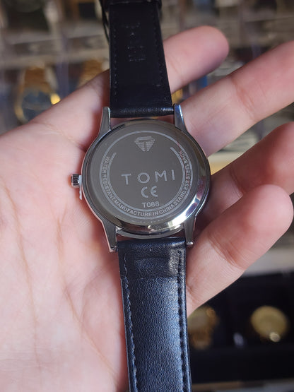 TOMI original black leather silver case