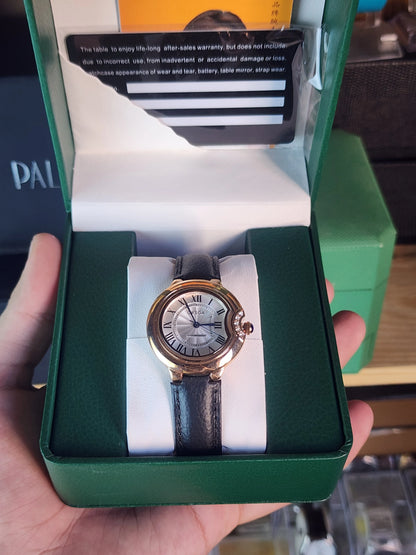 ORSGA women round black leather bronze bezel