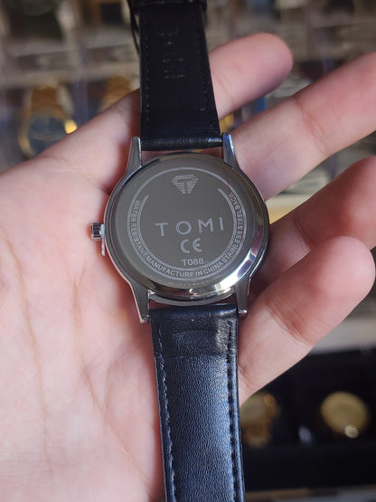 TOMI original black leather silver case