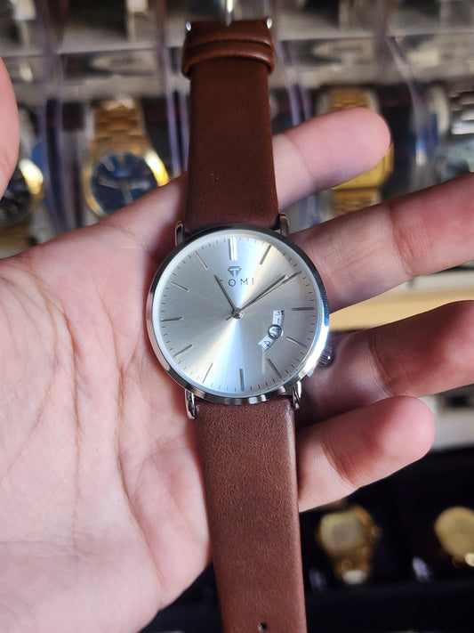 TOMI brown leather silver case