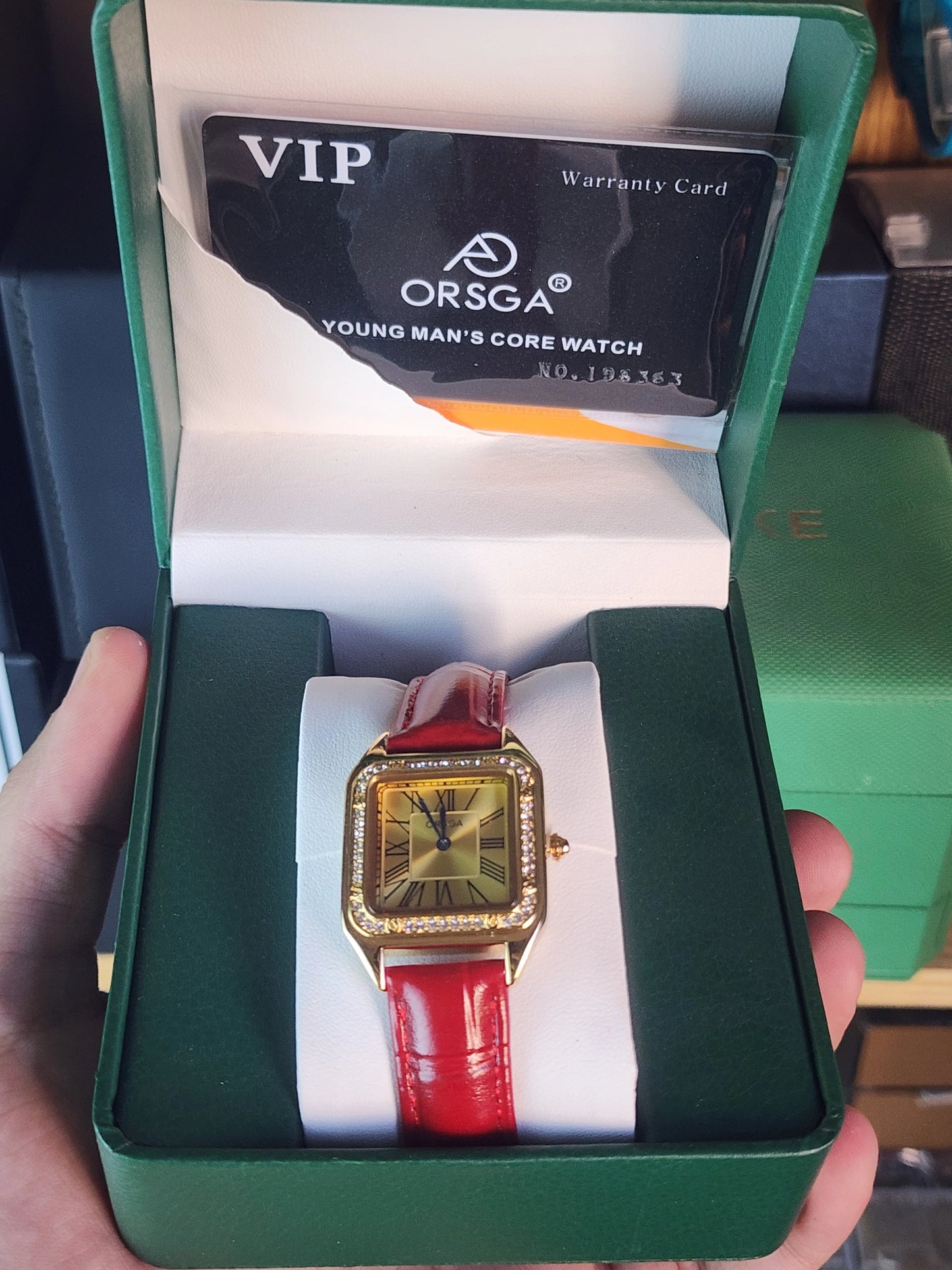 ORSGA women red leather gold dial