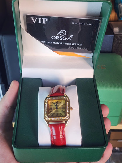 ORSGA women red leather gold dial