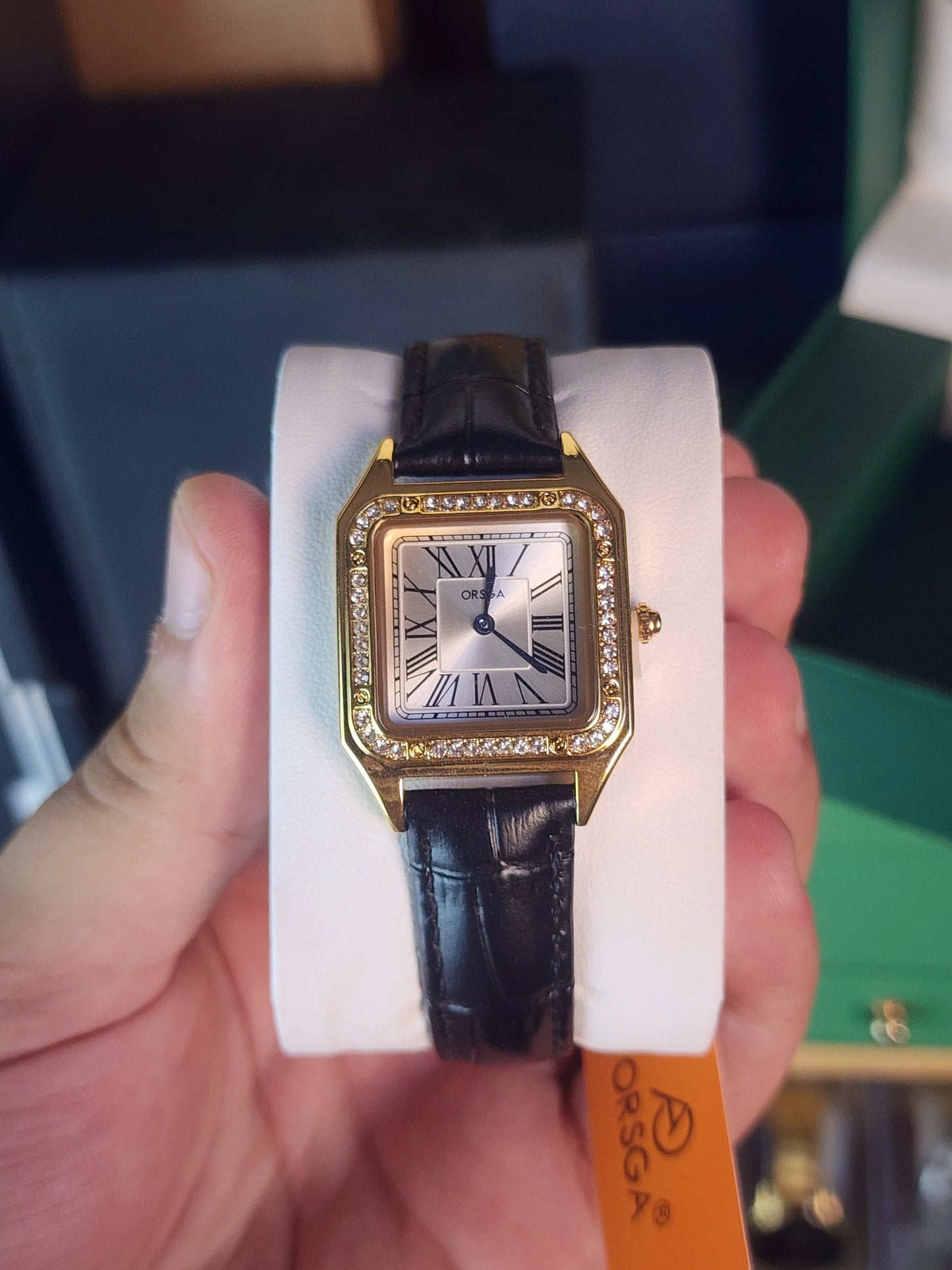 ORSGA women black leather gold bezel