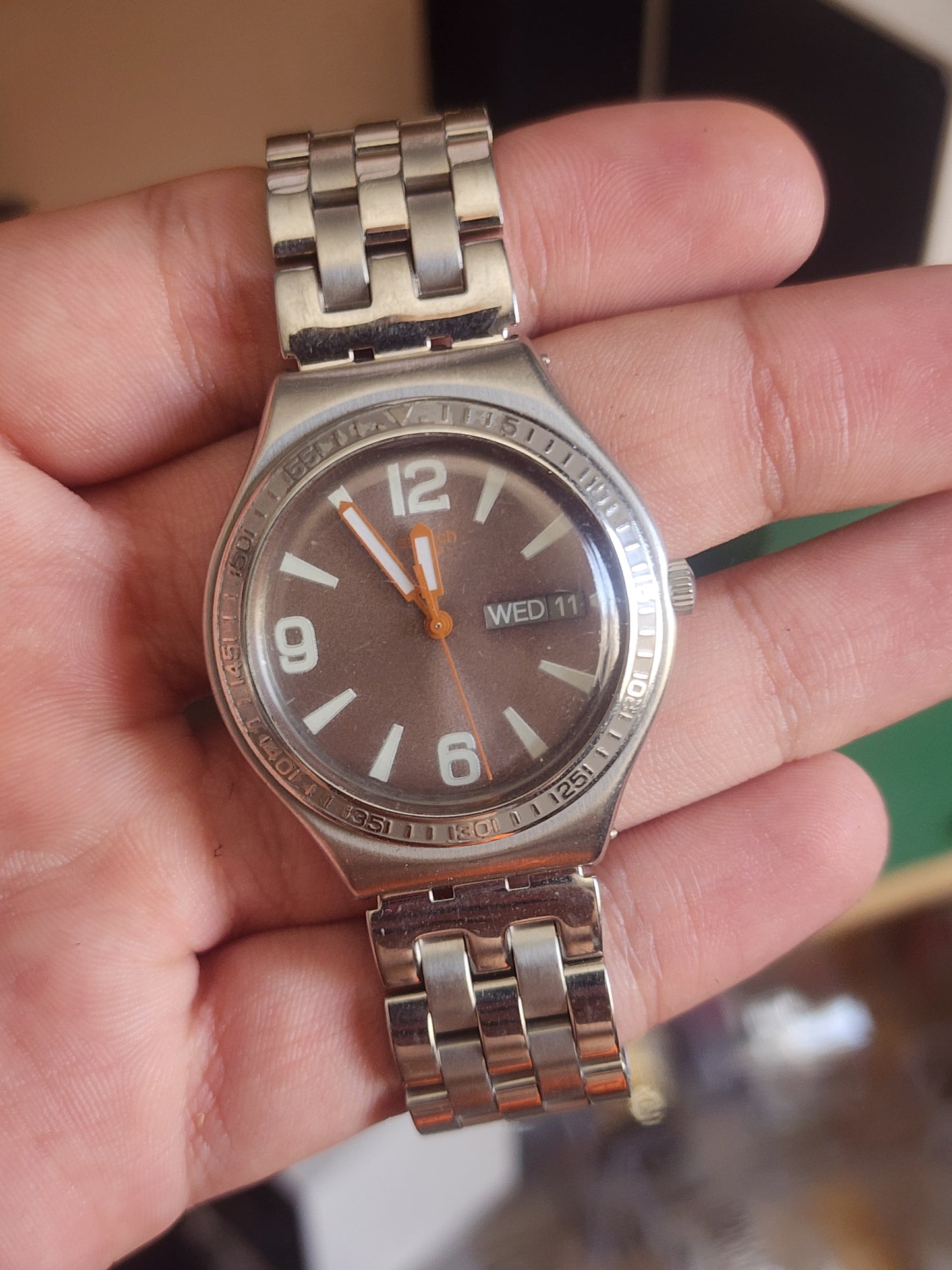 Swatch irony brown dial orange touch