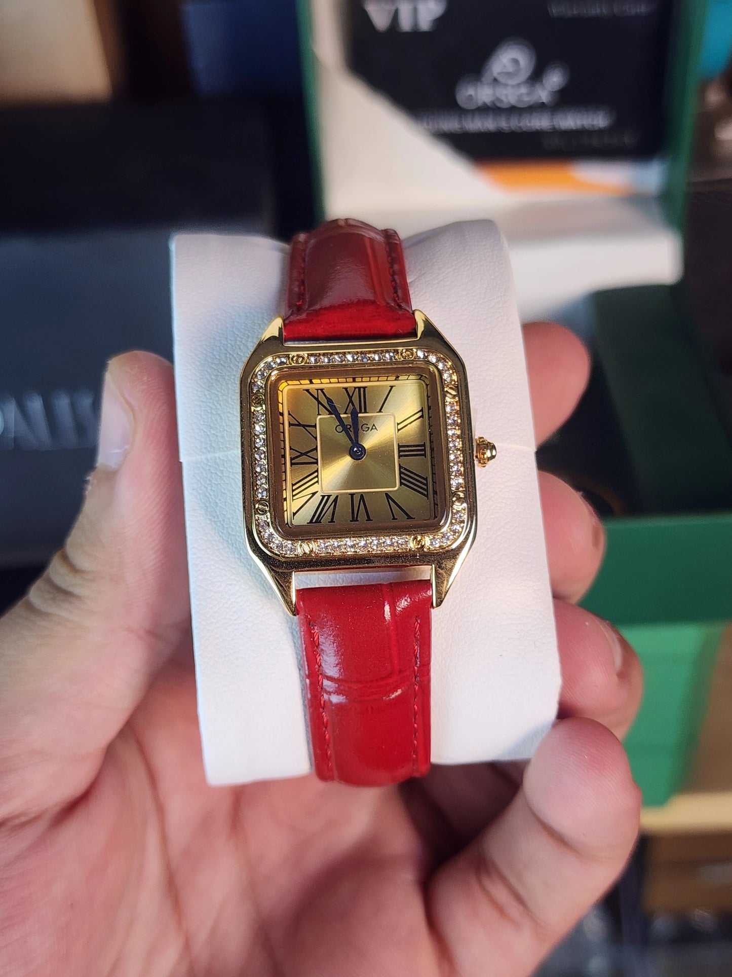 ORSGA women red leather gold dial