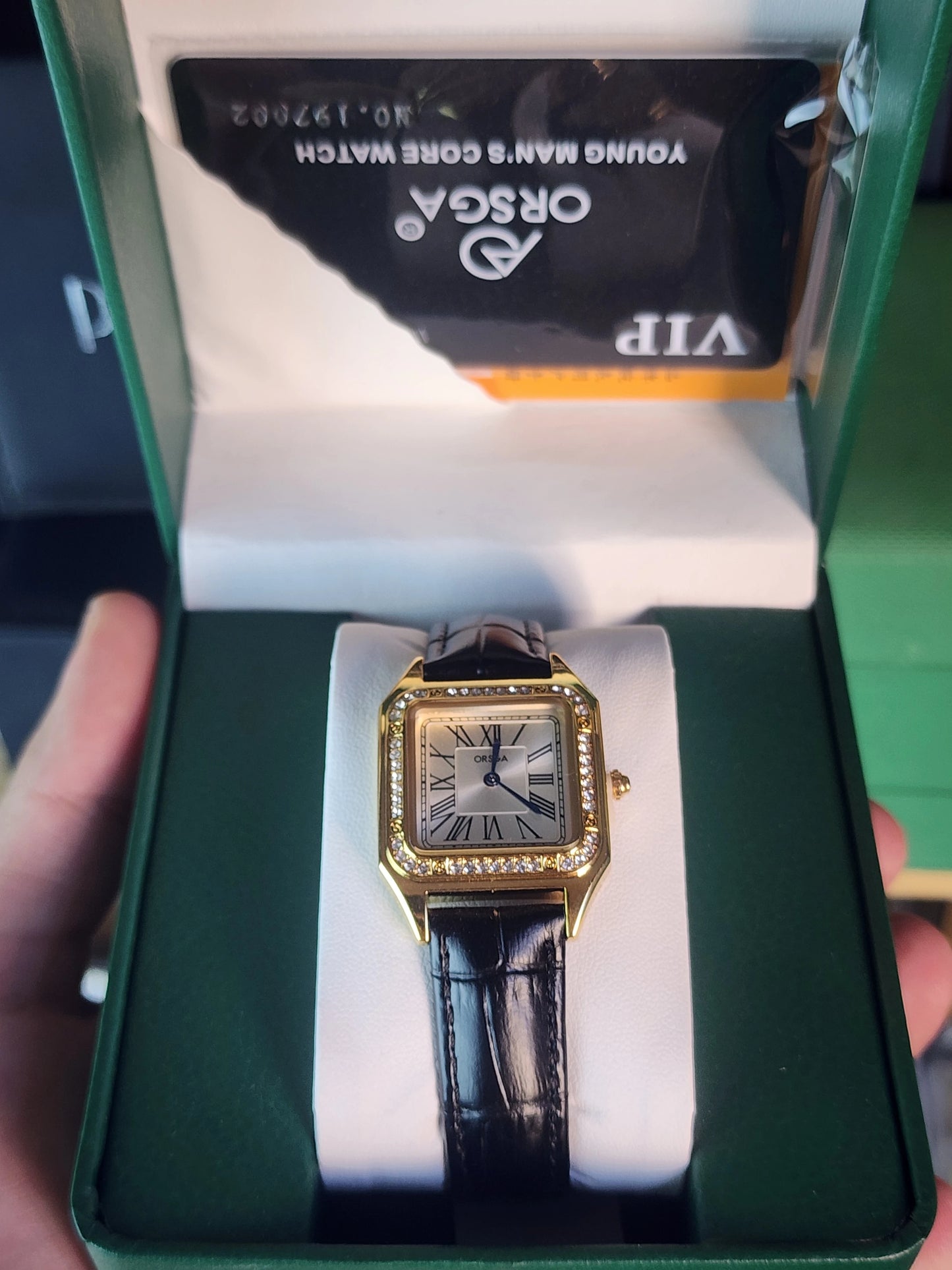 ORSGA women black leather gold bezel