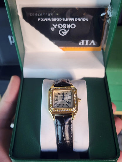 ORSGA women black leather gold bezel