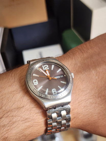 Swatch irony brown dial orange touch